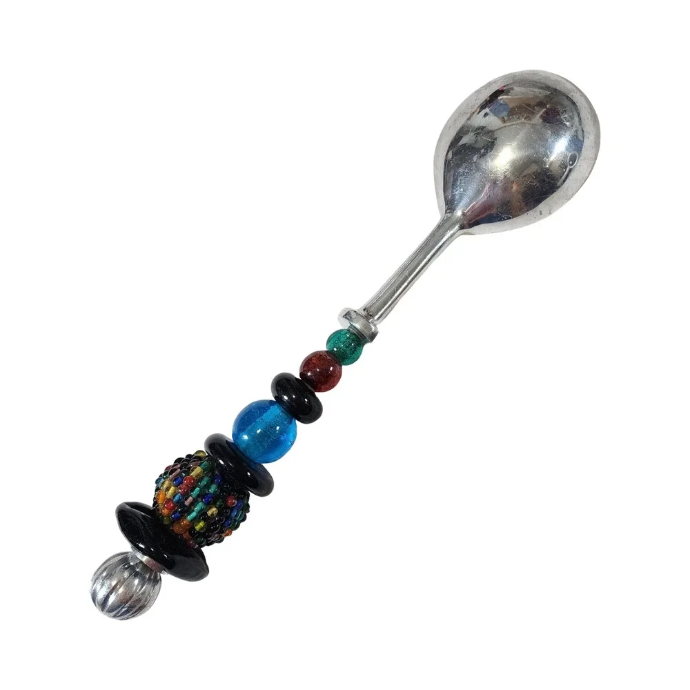 Artisan Handcrafted Beaded Serving Spoon Multicolor Glass Seed Beads Silver Tone